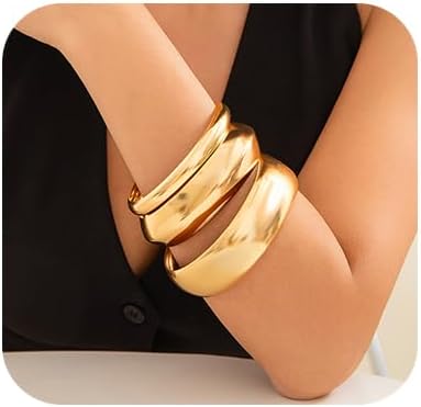 Denifery 3PCS Chunky Gold Bangle Bracelets Trendy Wide Chunky Cuff Bracelets Hammered Wrist Cuff Wrap Bracelet for Women