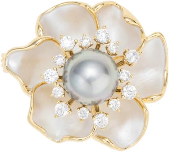 14K Gold Mother of Pearl Camellia Brooch, Luxury Moissanite Flower Pin, Sophisticated Accessory for Dinners and Parties