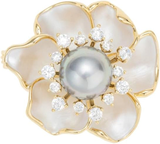 14K Gold Mother of Pearl Camellia Brooch, Luxury Moissanite Flower Pin, Sophisticated Accessory for Dinners and Parties