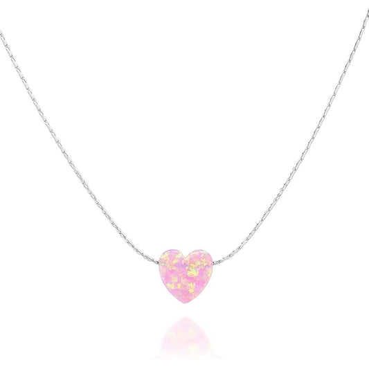 Pink Opal Heart On Thin Sterling Silver 925 Choker Necklace - Handmade Minimal Necklace For Women- Length: 13.5 inch + 3 inch Extender (sterling silver, pink)