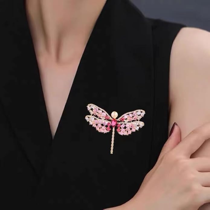 14K Gold Exquisite Dragonfly Brooch Adorned with Colorful Gemstones and Lustrous Pearls, Chic Brooch Accent for Special Events, Ideal for Stylish Women