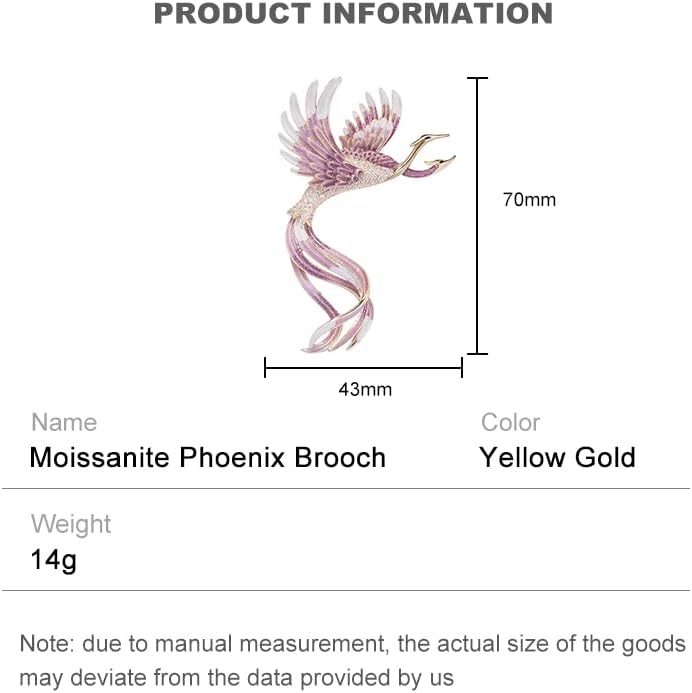 14K Gold Phoenix Brooch with Moissanite and Enamel - Elegant Holiday and Special Event Pin, Ideal Gift for Her, Mythical Bird Design, Women's Luxury Fashion Accessory