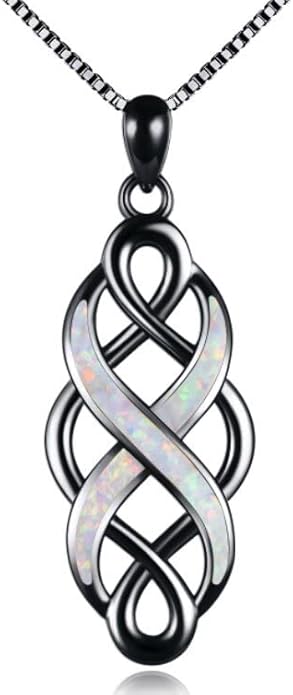 YFN Irish Celtic Knot Created Opal Pendant Necklace Sterling Silver Black Necklaces for Women Men 18"