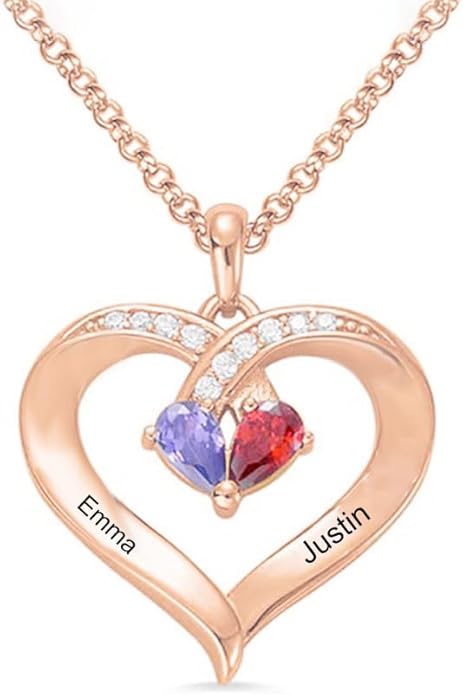 10K 14K 18K Solid Gold Personalized Name Birthstone Necklace for Couple, Real Gold Customized 2 Birthstone Heart Necklace Custom Any Name Valentine's Day Gifts for Her