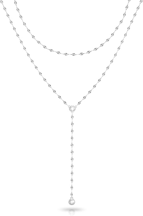 Zeffy Lariat Gold Necklace for Women, Dainty Long Necklace 14k Gold/Silver Plated Layered CZ Beaded Bar Chain Y-Shaped Body Chain Stack Drop Wedding Necklace Trendy Simple Gold Jewelry Gifts