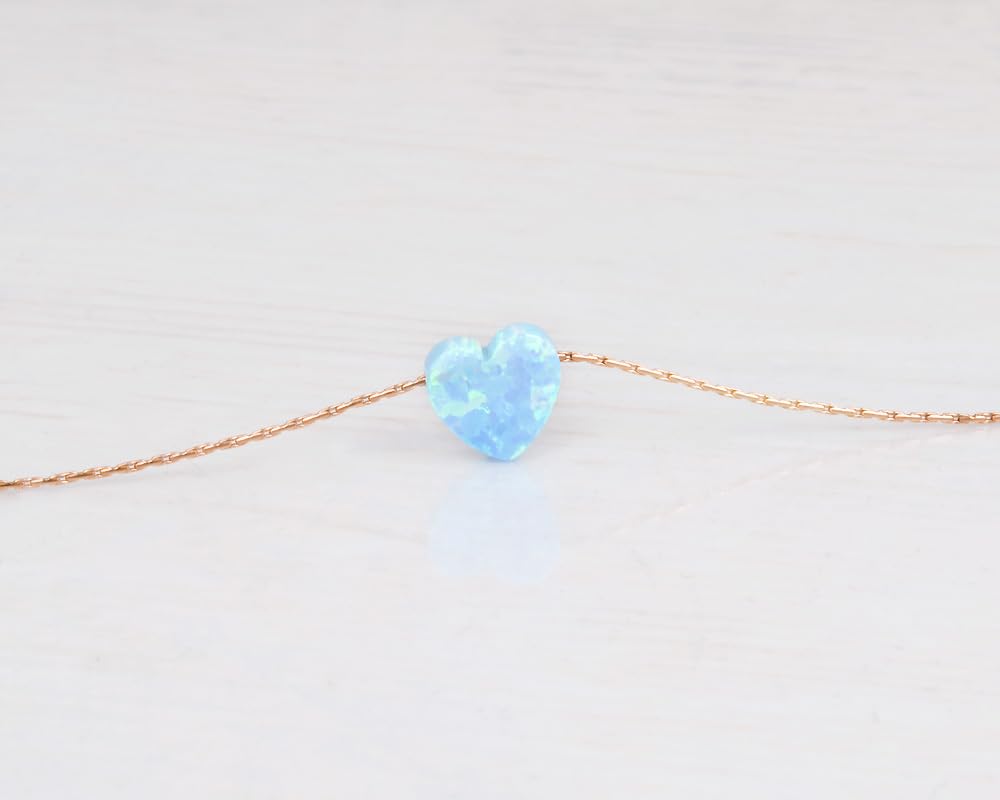 Blue Opal Heart on 14K Gold Filled Choker Necklace - Designer Handmade Thin Collar for Women - Length: 13.5 inch + 3 inch Extender (sky blue, rose gold filled)