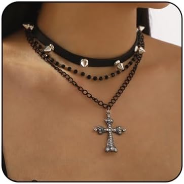 Gothic Layered Necklace for Women Men Punk Leather Spike Studded Choker Collar Necklace Vintage Crystal Cross Pendant Necklace Goth Black Crystal Choker Necklace Halloween Party Jewelry