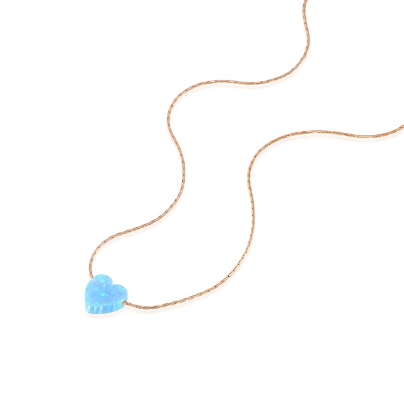 Blue Opal Heart on 14K Gold Filled Choker Necklace - Designer Handmade Thin Collar for Women - Length: 13.5 inch + 3 inch Extender (sky blue, rose gold filled)