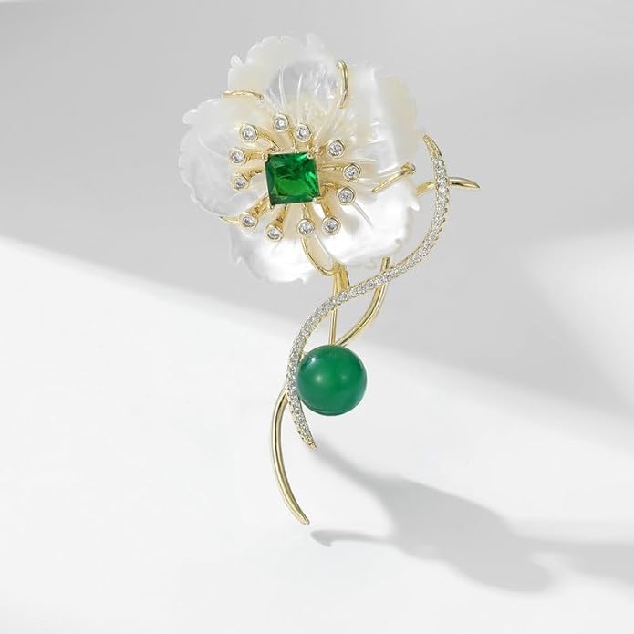 14K Gold Natural Freshwater Pearl Flower Moissanite Brooch, Minimalist Camellia Corsage with Turquoise/Agate, Unique Pin for Suit Accessory, An Elegant Gift