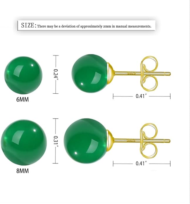 Jade Earrings Studs for Women Natural Green Gemstone, 5MM Sterling Silver Large Backing, Hypoallergenic Nickel and Lead Free， Handcrafted with Perfect Gift for Women