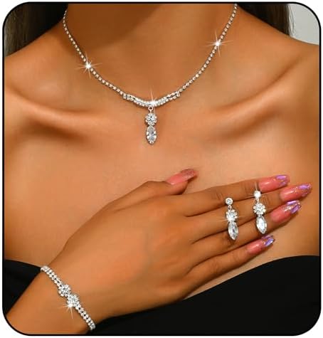 MIFYNN Rhinestone Wedding Set for Women Sparkle Crystal Earrings Necklace Bracelet Jewelry Set Wedding Party Prom Jewelry Set for Brides Bridesmaid