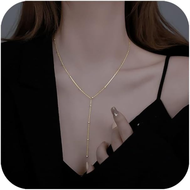 14K Gold Plated Y Necklace for Women – Dainty Lariat Long Pendant Chain, Layered Drop Necklace for V Neck Dress, Simple Sexy Cleavage Jewelry Gifts for Women