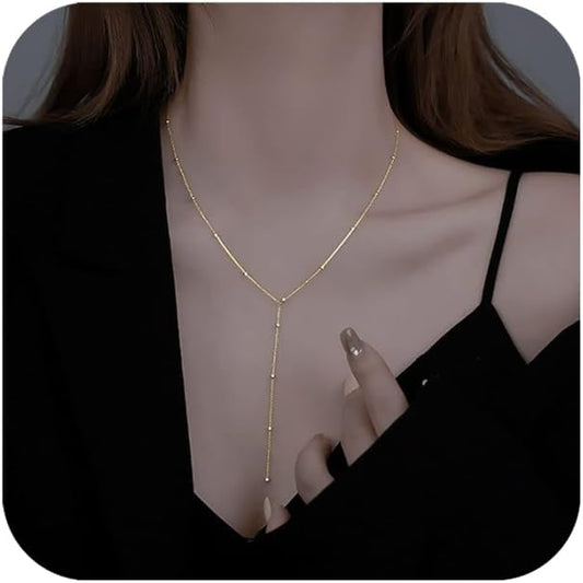 14K Gold Plated Y Necklace for Women – Dainty Lariat Long Pendant Chain, Layered Drop Necklace for V Neck Dress, Simple Sexy Cleavage Jewelry Gifts for Women