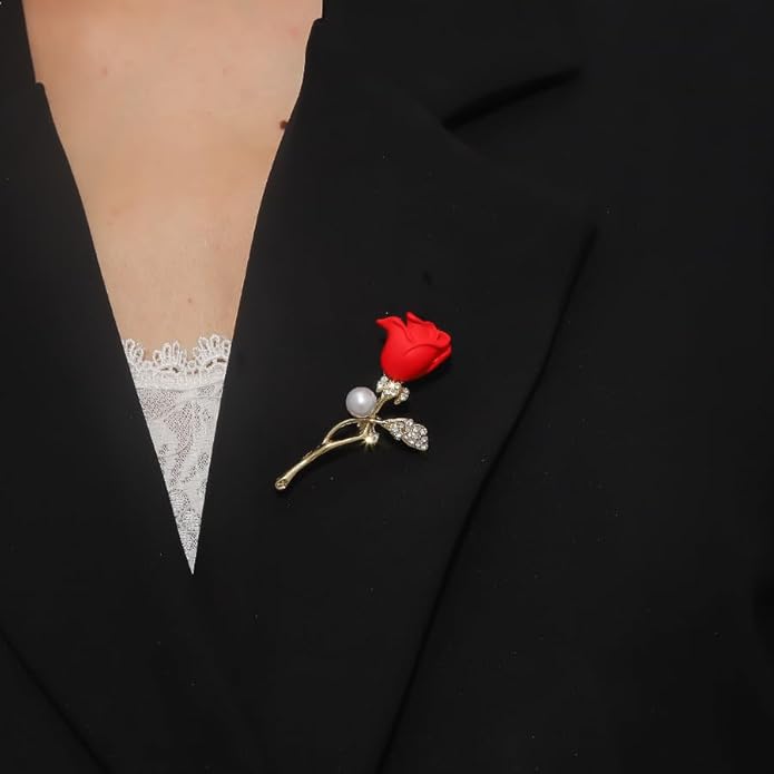 QLUYCKW Rose Flower Brooch Pin for Women Fashion Dainty Gold Plated 3D Red Roses Floral Crystal Brooch Pin Birthday Dress Suit Accessories Jewelry