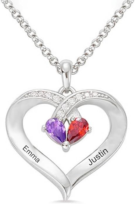 10K 14K 18K Solid Gold Personalized Name Birthstone Necklace for Couple, Real Gold Customized 2 Birthstone Heart Necklace Custom Any Name Valentine's Day Gifts for Her