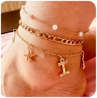 Initial Charm Anklets For Women Shell Letter Anklets Set Gold Charms Pendant Boho Summer Seashell Beach 14k Jewelry for Women Gift