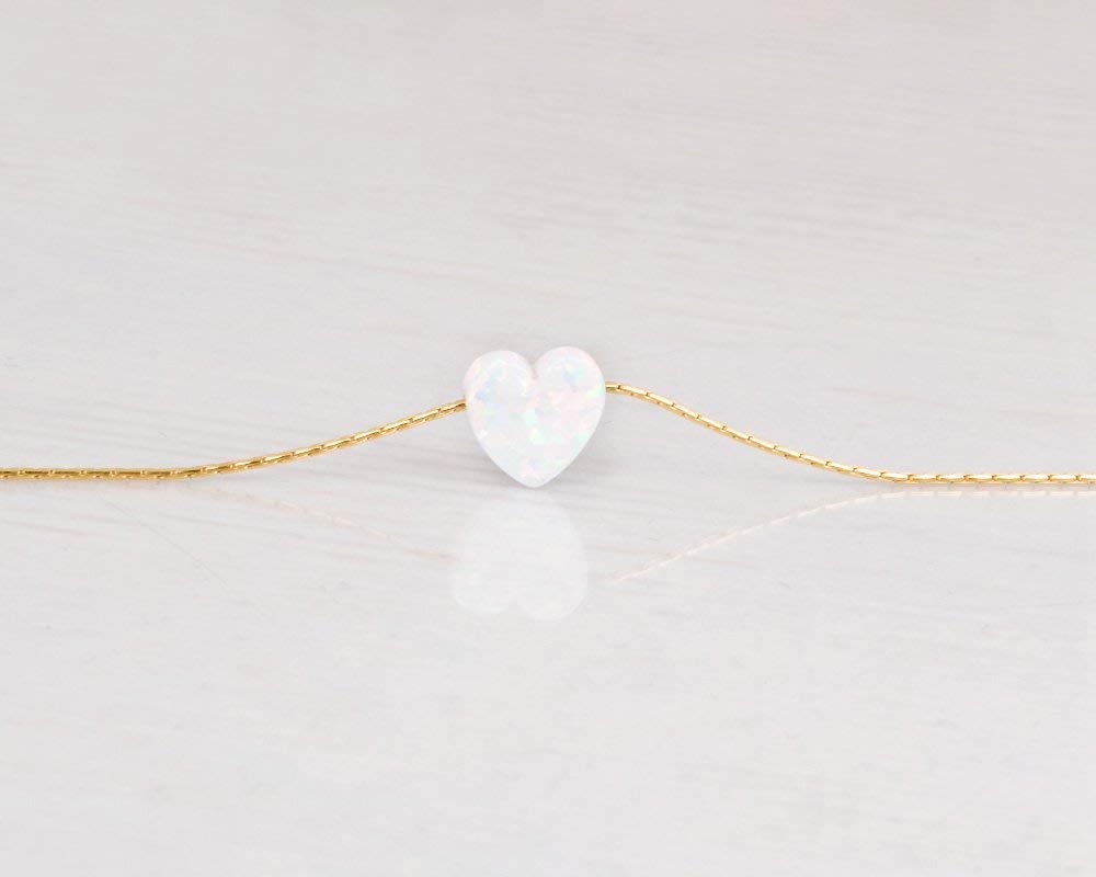 14K Gold Filled White Opal Heart SHORT Choker Necklace - Designer Handmade Necklace for women - 13.5 inch + 3 inch Extender (gold filled, white)