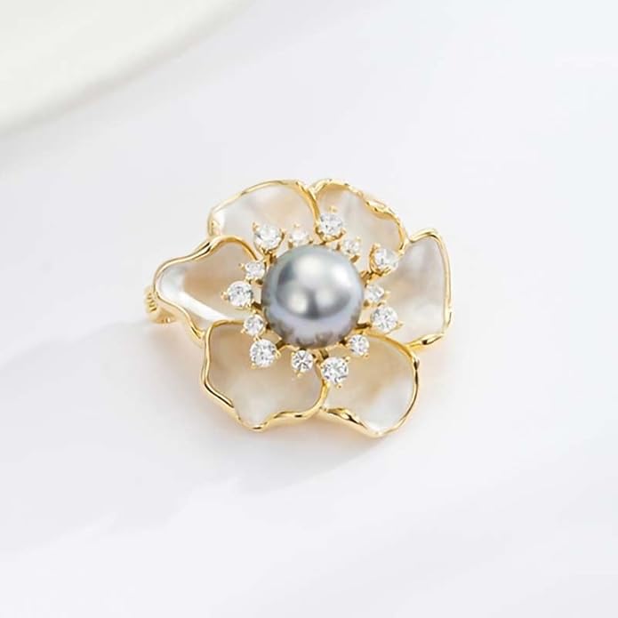 14K Gold Mother of Pearl Camellia Brooch, Luxury Moissanite Flower Pin, Sophisticated Accessory for Dinners and Parties