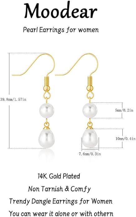 Moodear Dainty Pearl Dangle Earrings for Women - Trendy 14K Gold Plated Pearl Hypoallergenic Drop Earring Wedding Jewelry Gift