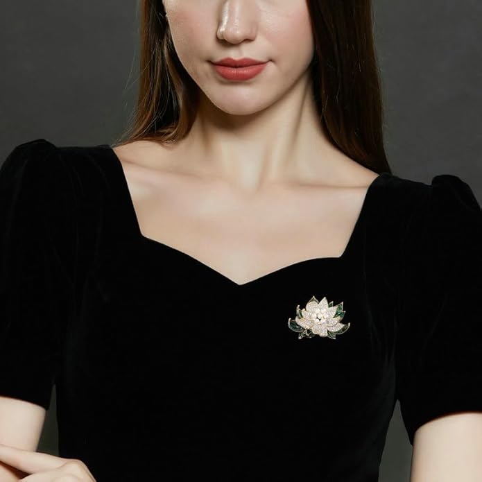 14K Gold Natural Peal Brooch with Lotus Design, High-End Elegant Vintage Chinese Style Accessory, Pearl Flower Brooch, Rhinestone/Crystal Brooches for Women