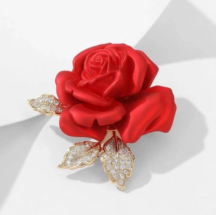 Just Follow Red Rose Flower Brooch with Rhinestones Sparkling Floral Pin for Women Vintage Blazer Jacket Dress Hat Scarf Accessory