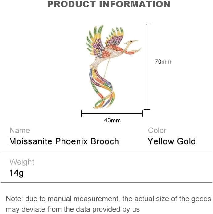 14K Gold Phoenix Brooch with Moissanite and Enamel - Elegant Holiday and Special Event Pin, Ideal Gift for Her, Mythical Bird Design, Women's Luxury Fashion Accessory