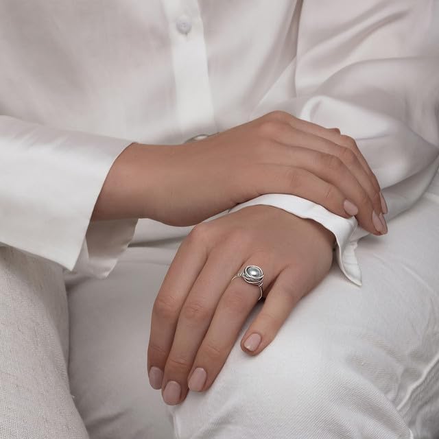 JEAN RACHEL JEWELRY 925 Sterling Silver Ring with Fresh Water Pearl Wire Wrap Vintage Design - Hypoallergenic, Nickel & Lead-free - Artisan Handcrafted Statement Rings for Women