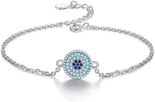 14K Gold Sapphire Evil Eye Bracelet for Women,Dainty Natural Gemstone Round Devil's Eye Adjustable Chain Bracelet,Lucky Jewelry Gift for Her