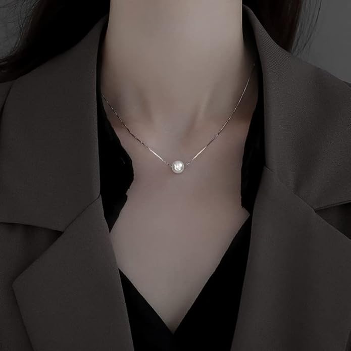 Solid 14K Gold Over 925 Silver Pearl Necklace for Women,Dainty Freshwater Cultured White Pearl Pendant Necklace,Fashion Jewelry Gift for Her