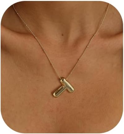 Initial Necklaces for Women, 14k Gold Plated Bubble Letter Necklace Chunky Gold Necklace Dainty Charm Initial Necklaces for Women Trendy Custom Preppy Stocking Stuff Necklace Christmas Gifts