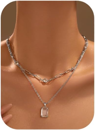 Gold Layered Pendant Necklaces for Women 14k Gold Plated Crystal Choker Necklace Paperclip Rhinestone Necklace Party Prom Jewelry