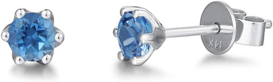 Agvana 14K Solid Gold Diamond Cut Solitaire Genuine Aquamarine Topaz Tiny Stud Earrings for Women Birthstone Jewelry Anniversary Birthday Gifts for Women Mom Wife Her, Size 5mm