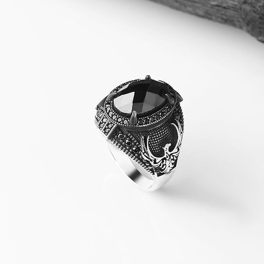 KsrModa 925 Sterling Silver Phoenix Design Men's Ring with Black Zircon Gemstone, Handmade Eagle Silver Ring for Men