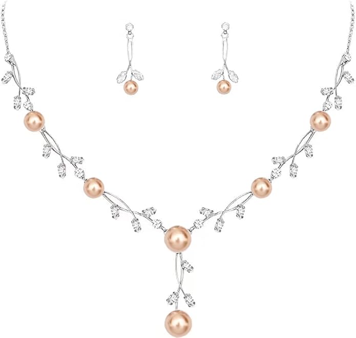 Luxury Cubic Zirconia Aurtrian Crystal Pearl Floral Necklace Dangle Earrings Wedding Bridal Jewelry Set Birthday Gifts for Her