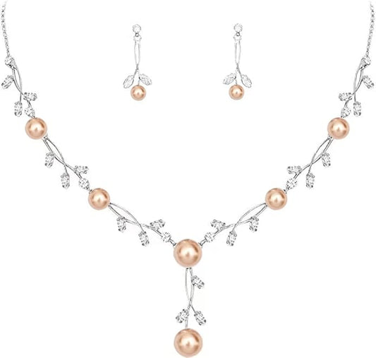 Luxury Cubic Zirconia Aurtrian Crystal Pearl Floral Necklace Dangle Earrings Wedding Bridal Jewelry Set Birthday Gifts for Her