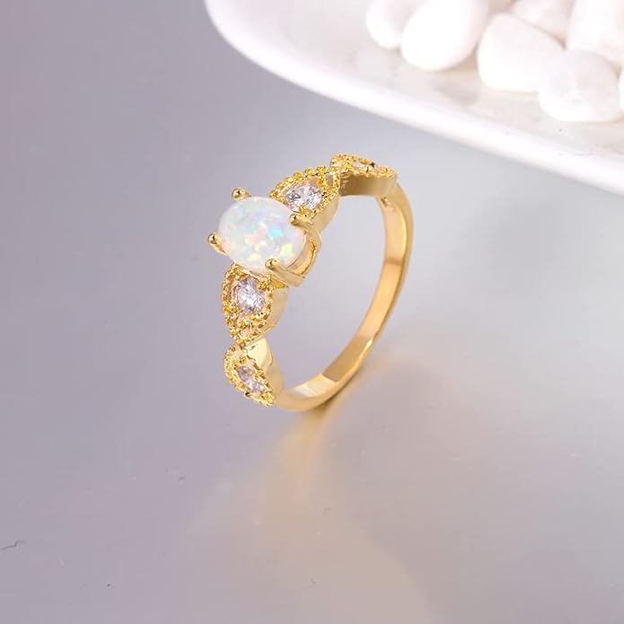 CiNily 18K Gold Plated Opal Ring-White Fire Opal & Amethyst & Cubic Zirconia Women Jewelry Gemstone Engagement Anniversary Ring Size 5-13