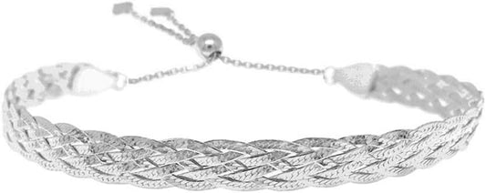 Savlano 925 Sterling Silver Braided Herringbone Chain Adjustable Bolo Slider Bracelet – 18K Gold Plated Over Silver Bracelet for Women - Made In Italy Comes with a Gift Box