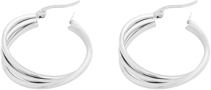 Edforce Women's Stainless Steel Overlapping Triple Hoop Earrings, (25mm-35mm)