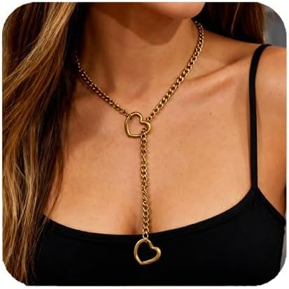 Artmiss Statement Chain Necklace Thick Link Choker with Heart Pendant Heavy Stainless Steel Industrial Unisex Statement Jewelry Gift for Women Men