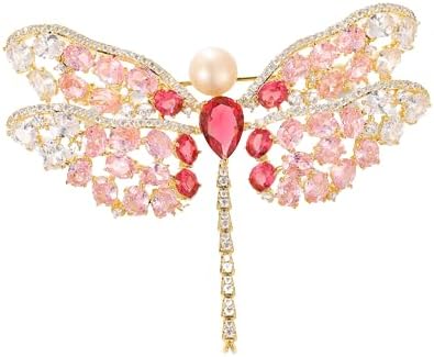 14K Gold Exquisite Dragonfly Brooch Adorned with Colorful Gemstones and Lustrous Pearls, Chic Brooch Accent for Special Events, Ideal for Stylish Women