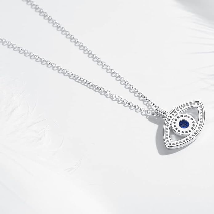 Solid 14K Gold Over 925 Silver Evil Eye Pendant Necklace,Dainty Moissanite and Sapphire Devil's Eye Protection Necklace,Lucky Jewelry Gift for Women