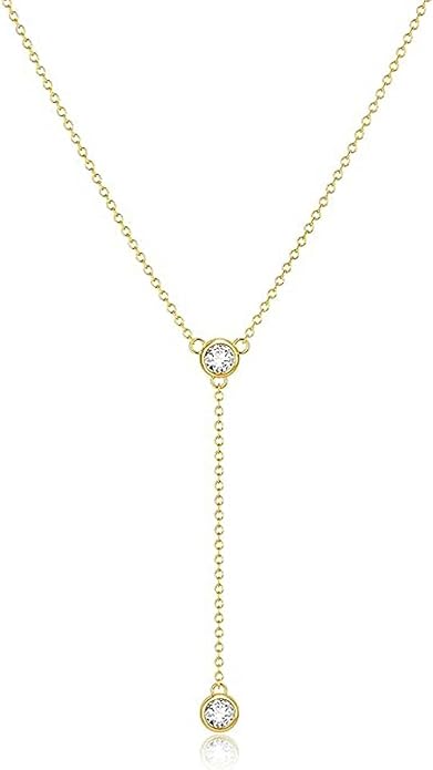 Zeffy Lariat Gold Necklace for Women, Dainty Long Necklace 14k Gold/Silver Plated Layered CZ Beaded Bar Chain Y-Shaped Body Chain Stack Drop Wedding Necklace Trendy Simple Gold Jewelry Gifts