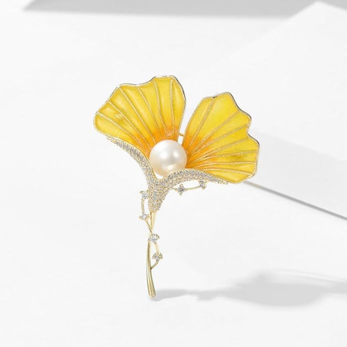 Gold Ginkgo Leaf Brooch Yellow Flower Lapel Pin Blazer Dress Jacket Suit Clothing Jewelry Vintage Inspired Birthday Festival Gift for Women