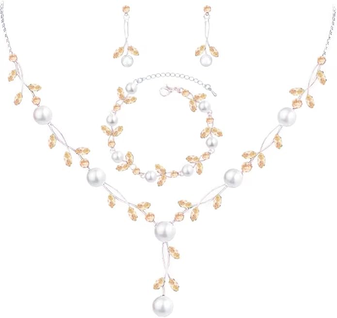 Luxury Cubic Zirconia Aurtrian Crystal Pearl Floral Necklace Dangle Earrings Wedding Bridal Jewelry Set Birthday Gifts for Her