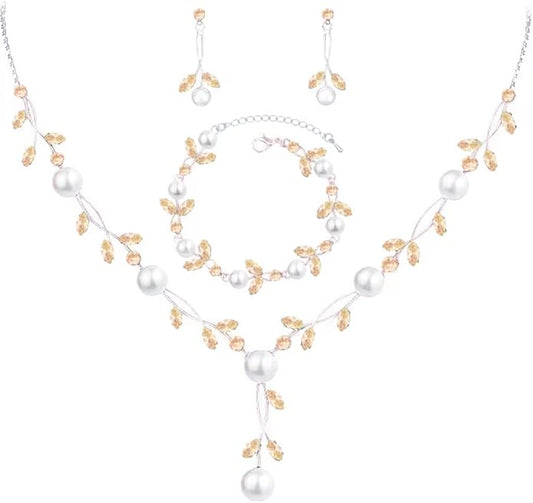 Luxury Cubic Zirconia Aurtrian Crystal Pearl Floral Necklace Dangle Earrings Wedding Bridal Jewelry Set Birthday Gifts for Her
