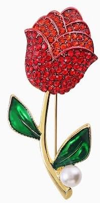 Just Follow Red Rose Flower Brooch with Rhinestones Sparkling Floral Pin for Women Vintage Blazer Jacket Dress Hat Scarf Accessory