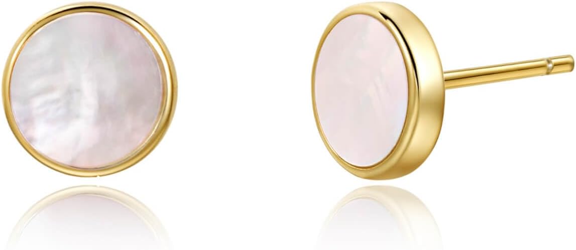 S.Leaf Gold Stud Earrings for Women 925 Sterling Silver Hypoallergenic Mother of Pearl Shell Stud Chain Earrings Friendship Jewelry Gifts for Women Her