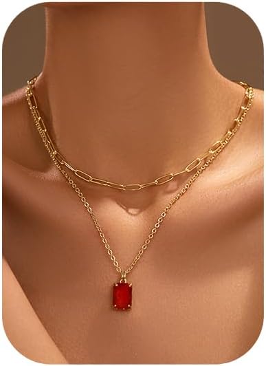 Gold Layered Pendant Necklaces for Women 14k Gold Plated Crystal Choker Necklace Paperclip Rhinestone Necklace Party Prom Jewelry