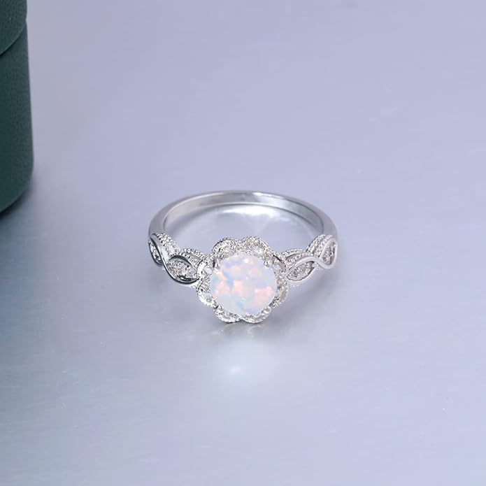 CiNily 18K Gold Plated Opal Ring-White Fire Opal & Amethyst & Cubic Zirconia Women Jewelry Gemstone Engagement Anniversary Ring Size 5-13