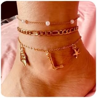 Initial Charm Anklets For Women Shell Letter Anklets Set Gold Charms Pendant Boho Summer Seashell Beach 14k Jewelry for Women Gift